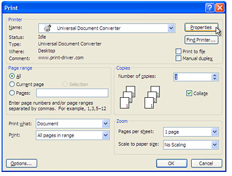 Select "Universal Document Converter" from the printers list and press "Properties" button.